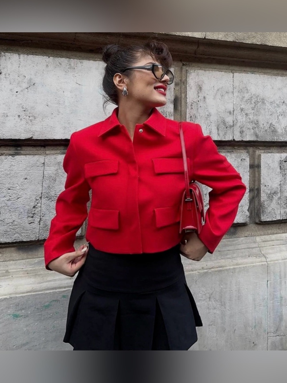 ZARA WOMEN RED SHORT CROPPED FLAP JACKET BLAZER WITH FLAPS